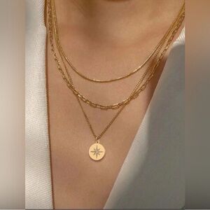 Gold Plated Stainless Steel 3pc Disc Pendant Chain Necklace